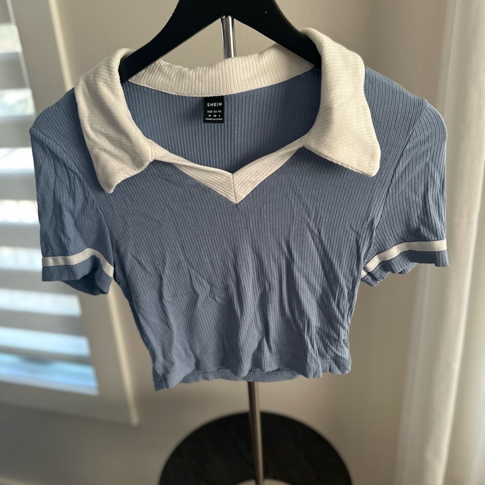 SHEIN Blue and White Ribbed Collared Blouse